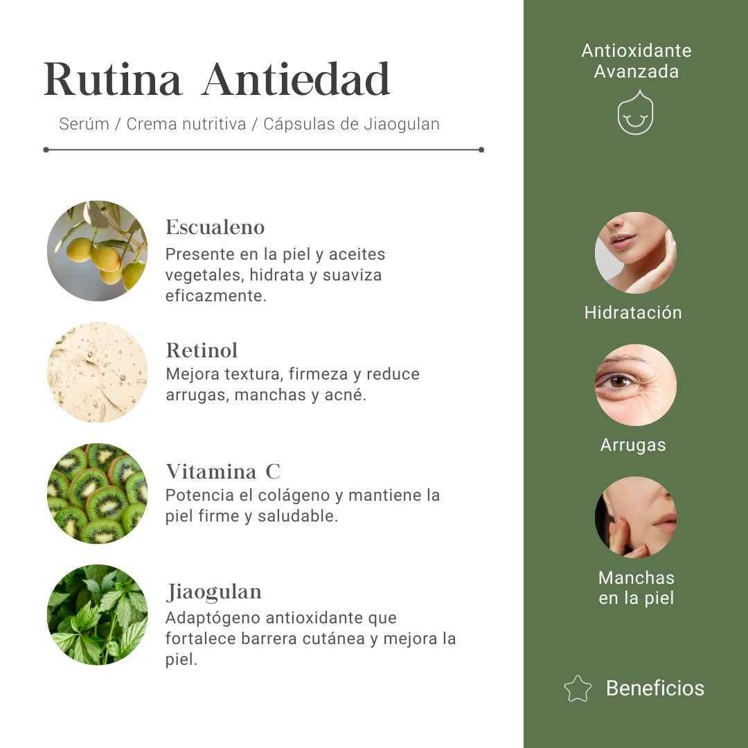 Rutina Antiedad Antioxidante Avanzada con Escualeno, Retinol, Vitamina C y Jiaogulan