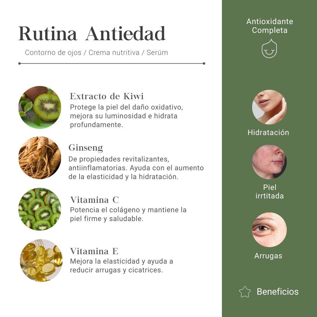 Rutina Antiedad Antioxidante Completa con Contorno de Ojos, Crema Nutritiva y Serum con Extracto de Kiwi, Ginseng, Vitamina C y E