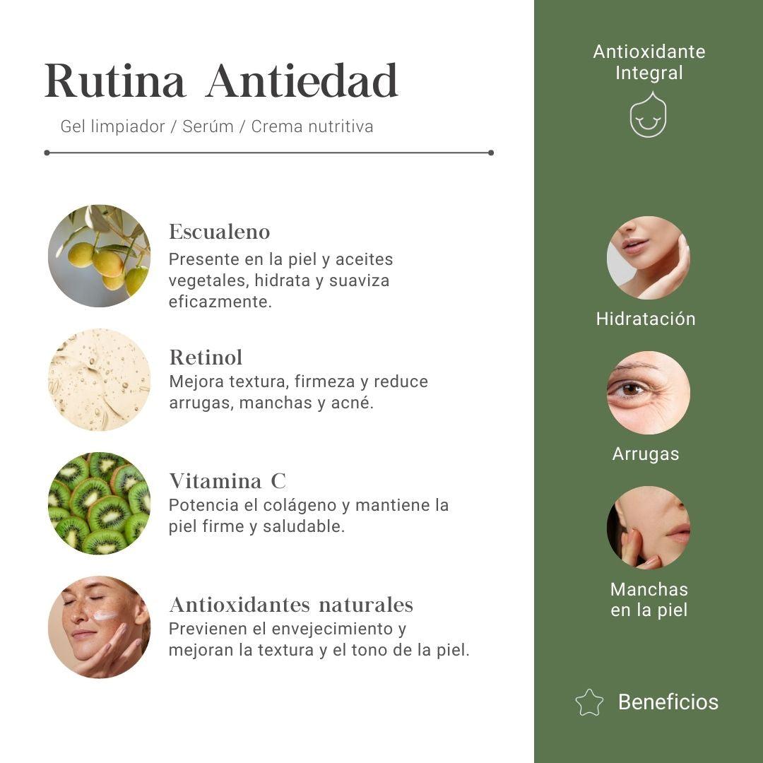 Rutina Antiedad Antioxidante Integral con Gel Limpiador, Serum y Crema Nutritiva con Escualeno, Retinol, Vitamina C y Antioxidantes Naturales