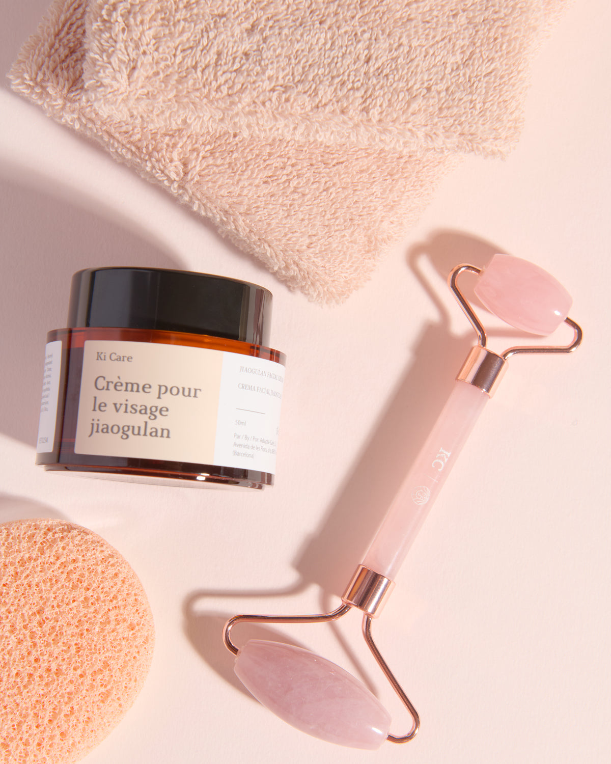 Set Rodillo Piedra Quarzo Rosa + Crema Facial con Jiaogulan - Masaje Facial