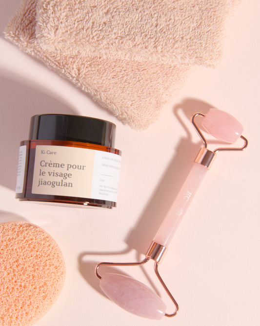 Set Rodillo Piedra Quarzo Rosa + Crema Facial con Jiaogulan - Masaje Facial