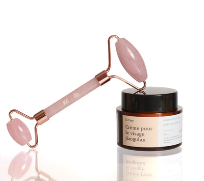 Set Rodillo Piedra Quarzo Rosa + Crema Facial con Jiaogulan - Masaje Facial